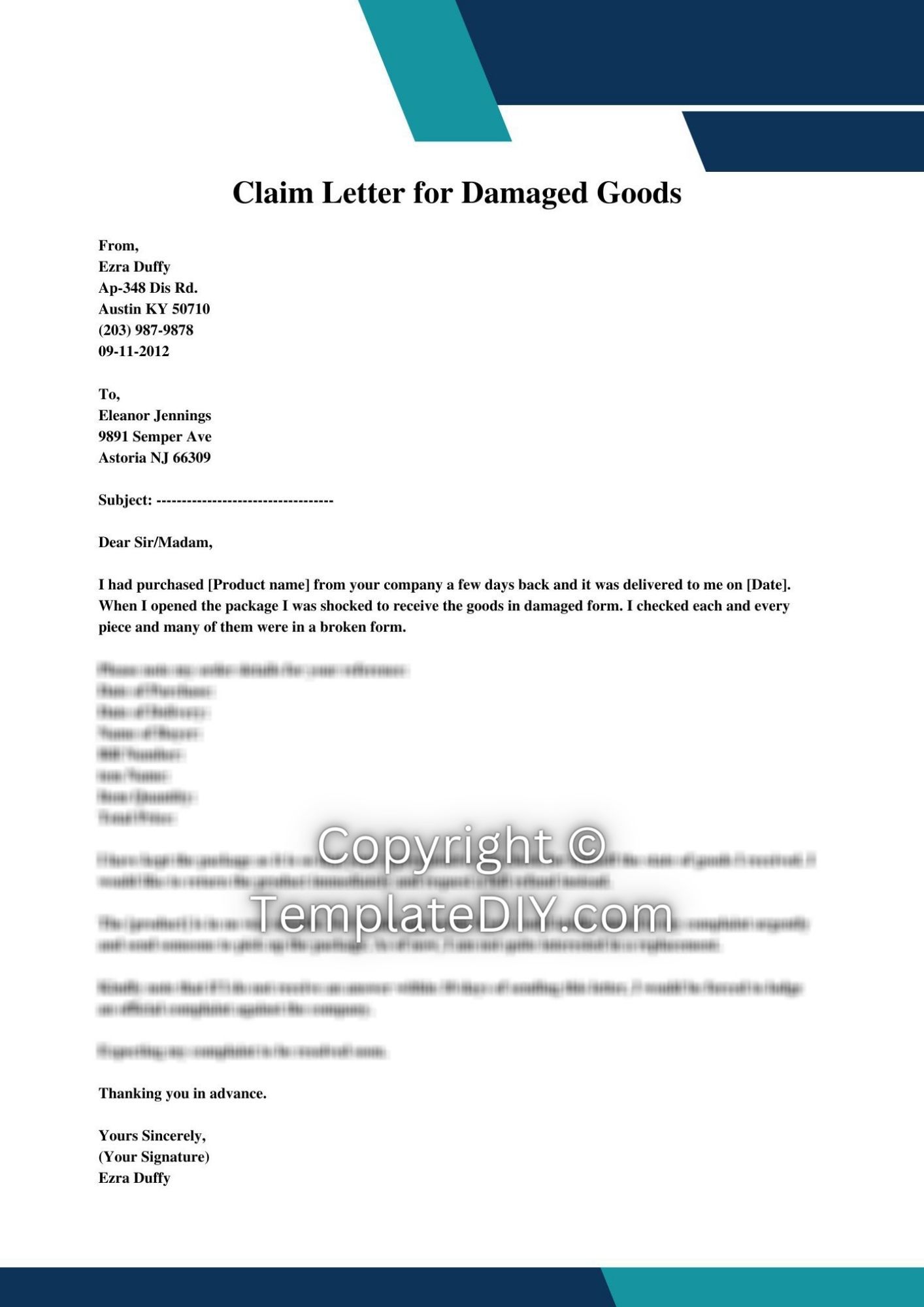 Kostenloses Damaged Goods Claim Letter Template