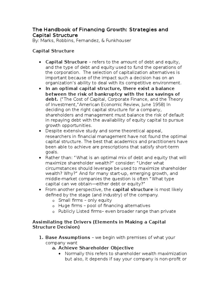 The Handbook Of Financing Growth Strategies Capital Structure And M